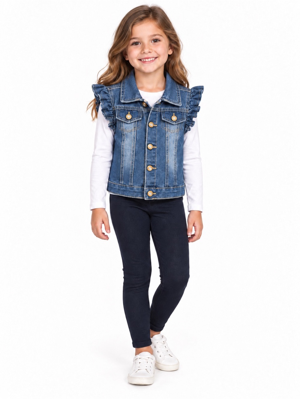 One Step Up Girls 6X Ruffle Shoulder Denim Vest